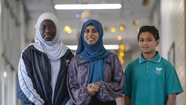 Teacher Afroza Sultana with students, Umu Bah 13 and Mustafa Mollagee 13 at Iqra College O'Halloran Hill. Pic Roy VanDerVegt