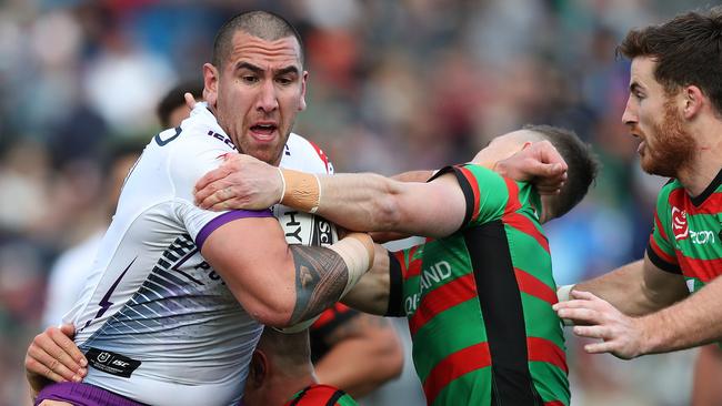 There are few sights more terrifying in the NRL than Melbourne’s Nelson Asofa-Solomona on the charge. Picture: Brett Costello