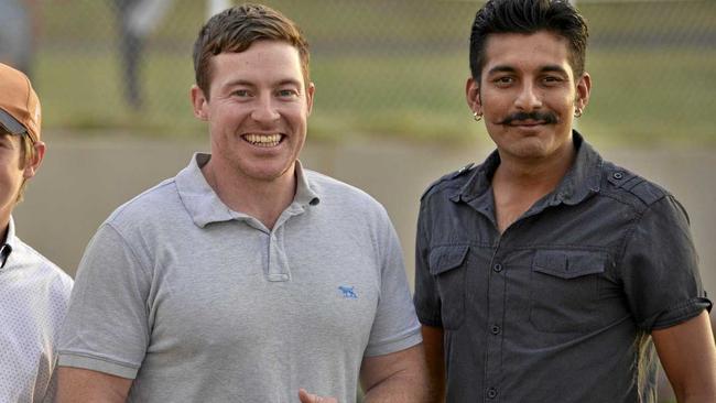 Trainer Ben Currie (left) with Currie Racing foreman Vatan Kumar after their horse Eight Over won race three at Clifford Park, Saturday, February 2, 2019. Picture: Kevin Farmer