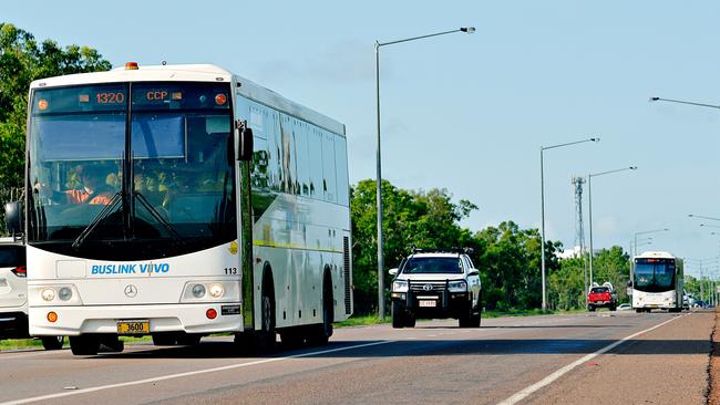 Inpex workers are bussed back to their work camp after the death of their co-worker. Picture: Michael Franchi