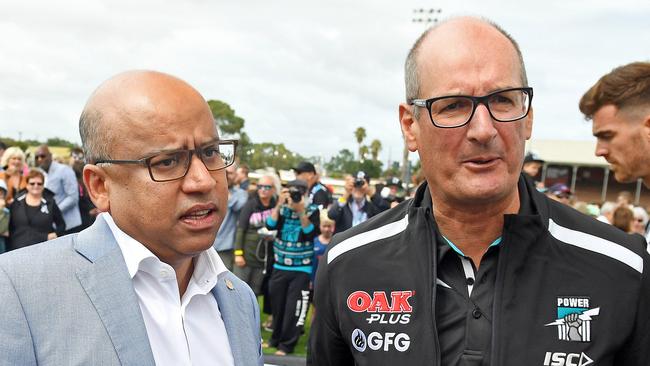 GFG’s Sanjeev Gupta and Port Adelaide Football Club chairman David Koch at the 2019 sponsorship announcement. Picture: Tom Huntley