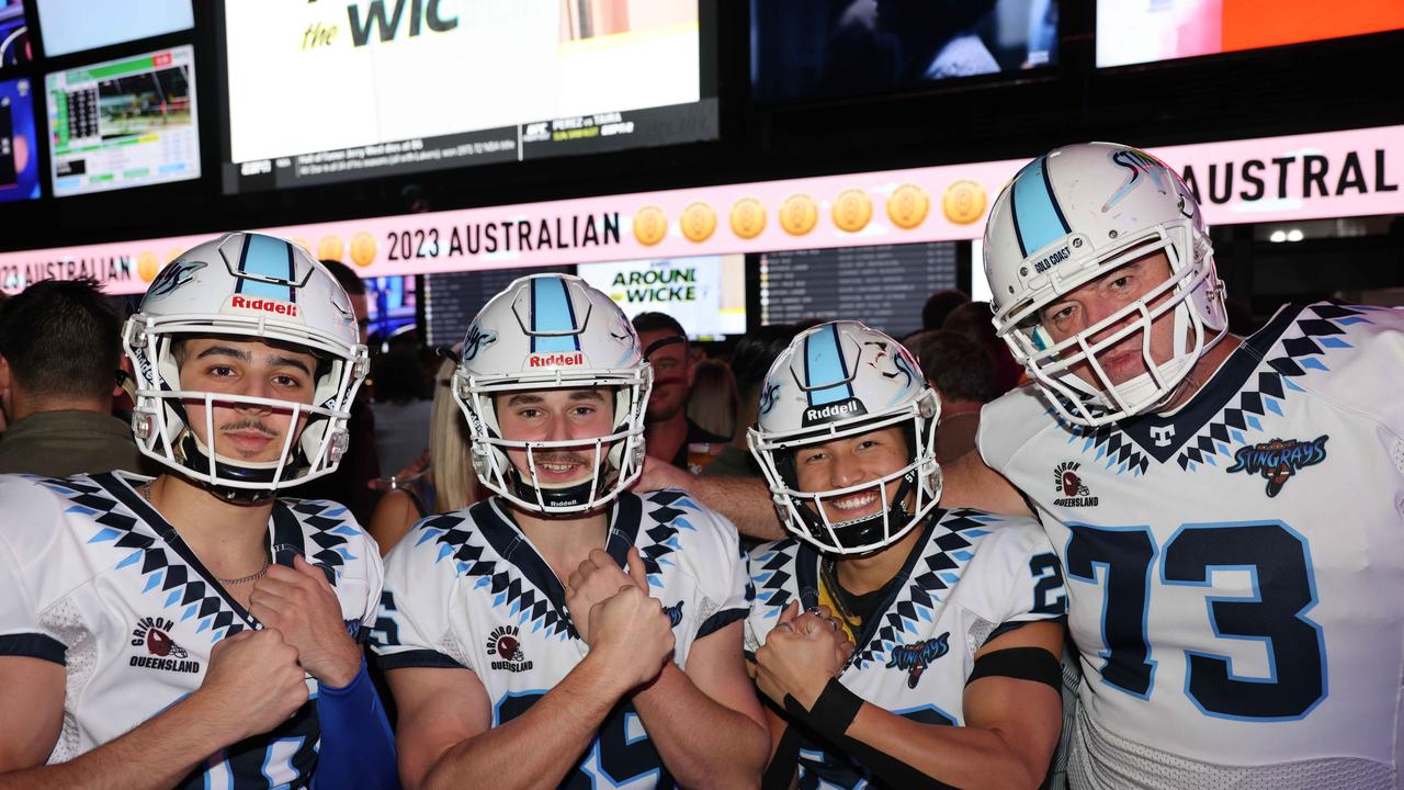 Aryan Sabet, Jacob Smith, Sid Gurung and Ken Lee at The Sporting Globe Bar and Grill launch at Surfers Paradise for Gold Coast at Large. Picture, Portia Large.