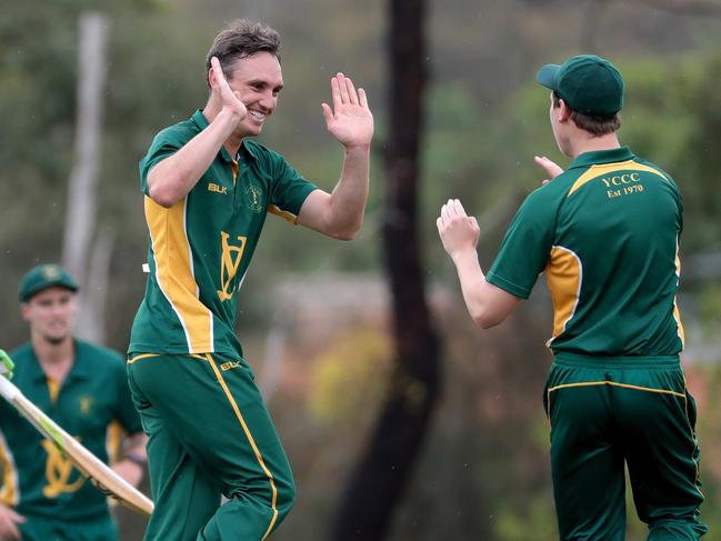 Will Sheridan of Yarraville celebrates the wicket of Nick Sabonino of Strathmore during the VTCA cricket match between Strathmore and Yarraville Club played at Lebanon Reserve Strathmore on Saturday 8th December, 2018.