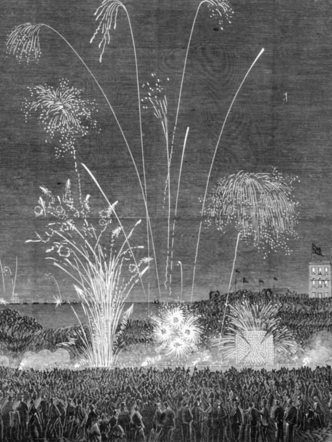 Fireworks on St Kilda Beach welcomed Prince Alfred in 1867. Picture: State Library Victoria.