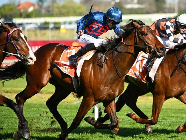 MELBOURNE, AUSTRALIA - SEPTEMBER 23: John Allen riding Steparty (L) defeats Harry Coffey riding Southport Tycoon and Ben Allen riding Scentify in Race 7, the Neds Caulfield Guineas Prelude ,during Melbourne Racing at Caulfield Racecourse on September 23, 2023 in Melbourne, Australia. (Photo by Vince Caligiuri/Getty Images)