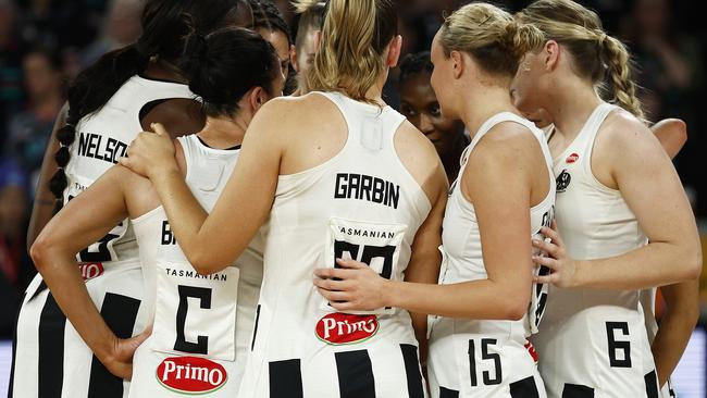 MELBOURNE, AUSTRALIA - JUNE 12: The Magpies huddle after the round 13 Super Netball match between Melbourne Vixens and Collingwood Magpies at John Cain Arena, on June 12, 2023, in Melbourne, Australia. (Photo by Daniel Pockett/Getty Images)