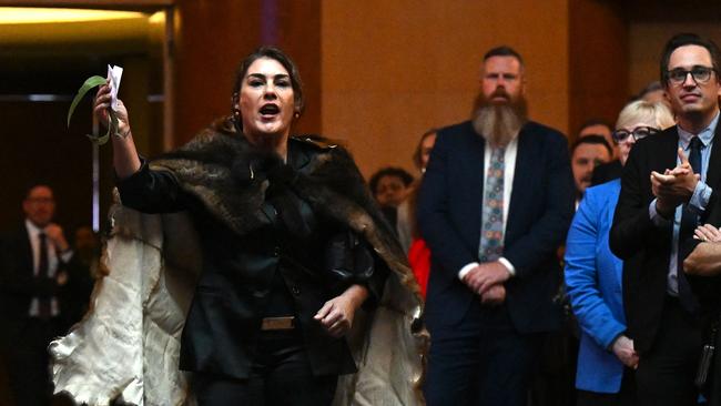 Victorian Indigenous senator Lidia Thorpe disrupts proceedings as King Charles and Queen Camilla attend a reception in the Parliament House Great Hall in Canberra on Monday. Picture: Lukas Coch