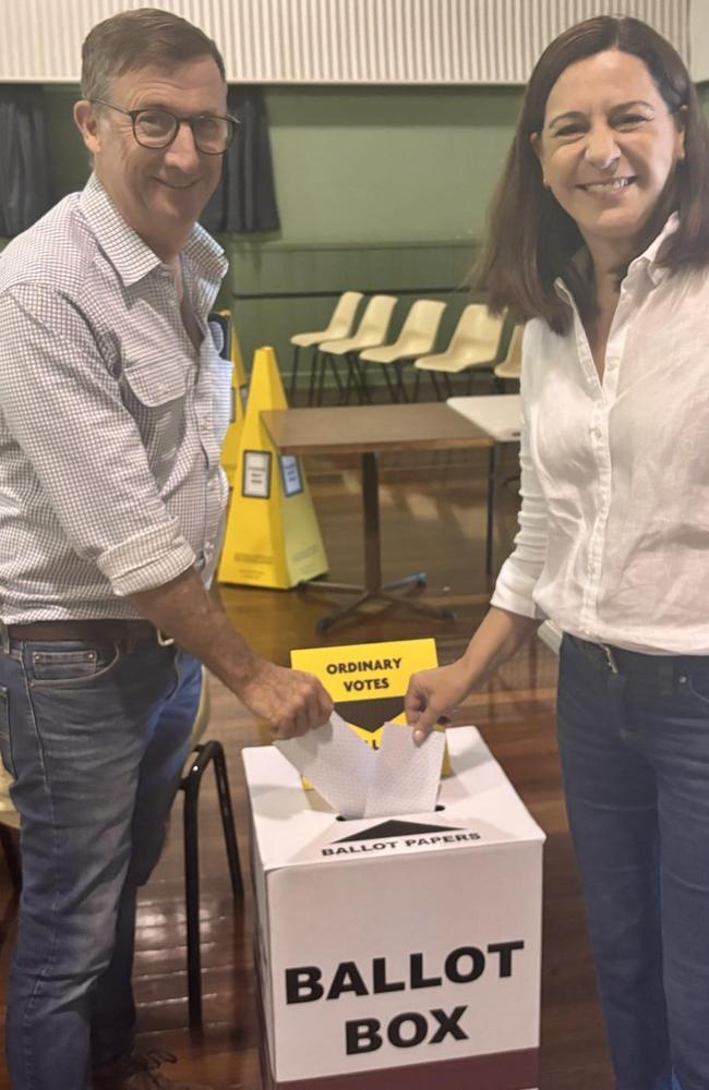 QLDVOTES24: LNP Nanango MP Deb Frecklington and her husband cast their votes in Wondai on election day.