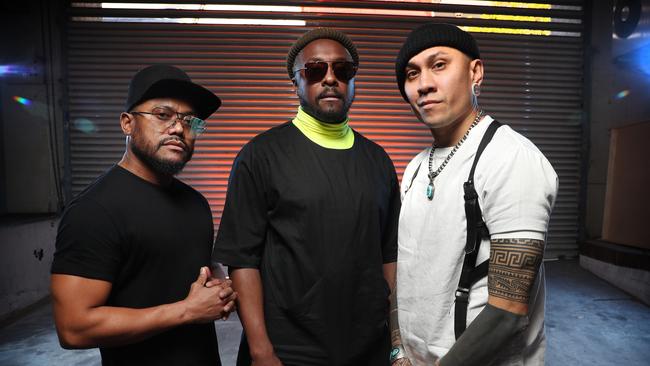 Black Eyed Peas members apl.de.ap, will.i.am, and Taboo pictured at Sony Music head office in Sydney. Picture: Richard Dobson