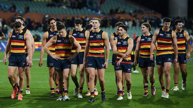 Jordan Dawson leads his team off after the Richmond loss. Picture: Mark Brake/Getty Images