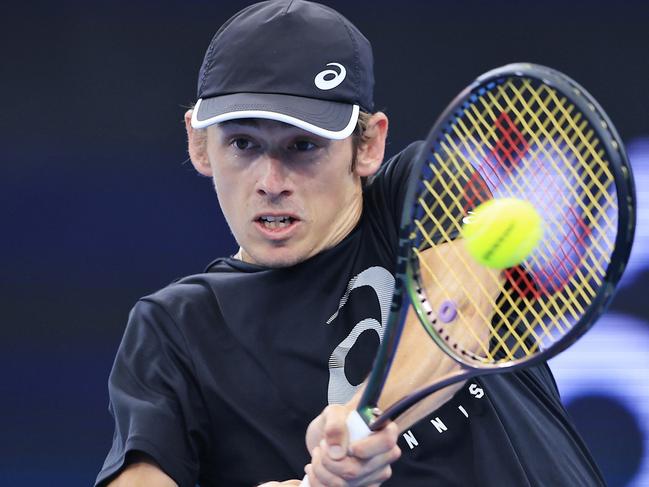 SYDNEY, AUSTRALIA - DECEMBER 31: Alex De Minaur of Australia during a practice session ahead of the 2022 ATP Cup at  Ken Rosewall Arena on December 31, 2021 in Sydney, Australia. (Photo by Mark Evans/Getty Images)