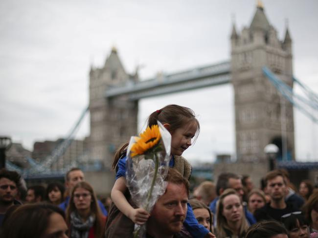 People gather for a vigil in Potters Fields Park in London to commemorate the victims of the terror attack on London Bridge and at Borough Market. Picture: AFP