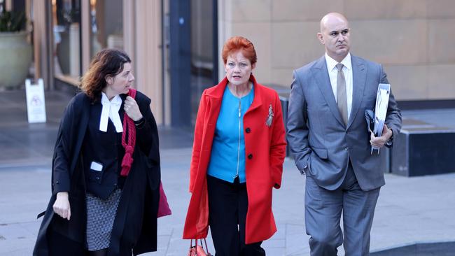 Pauline Hanson arrives at Sydney’s Federal Court with her legal team, Sue Chrysanthou SC and Danny Eid. Picture: Damian Shaw