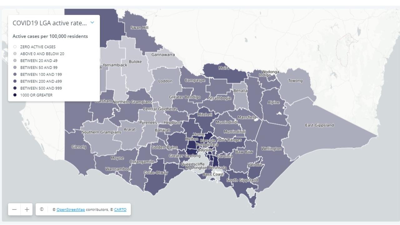 Victorian active cases by LGA on January 3, 2022. Picture: Victorian Department of Health