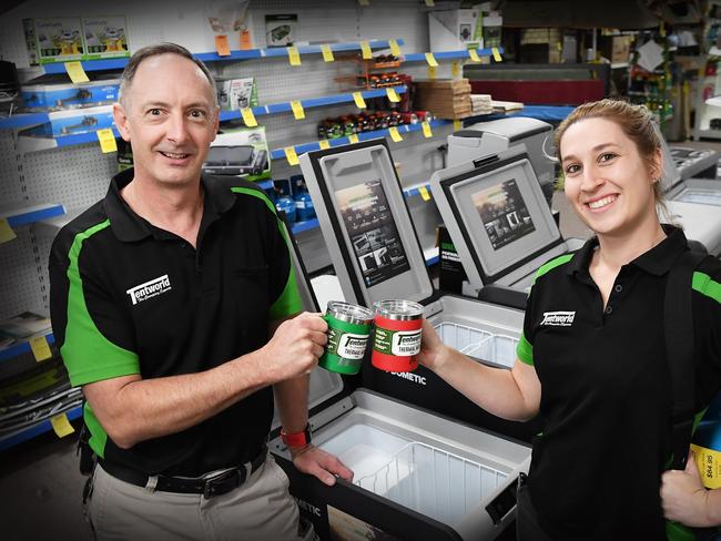 Aussies race to get camping gear to holiday at home. Pictured, assistant manager Bill Jones and camping expert Simone Bassett of Tentworld, Warana, have been inundated with sales. Photo Patrick Woods / Sunshine Coast Daily.