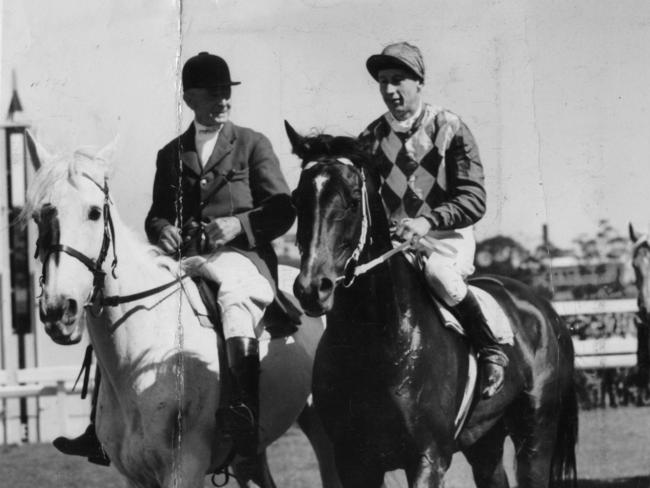 Pat Glennon returns to scale after winning the 1950 Melbourne Cup at Flemington aboard Comic Court. Picture: Herald Sun