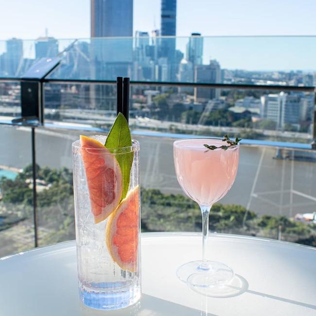 The Terrace's Rose Galah and Terrace Sling gin cocktails with a view. Picture: Emporium Hotel South Bank