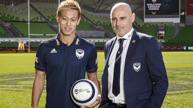 New Melbourne signing Keisuke Honda and Victory coach Kevin Muscat. Picture: AAP