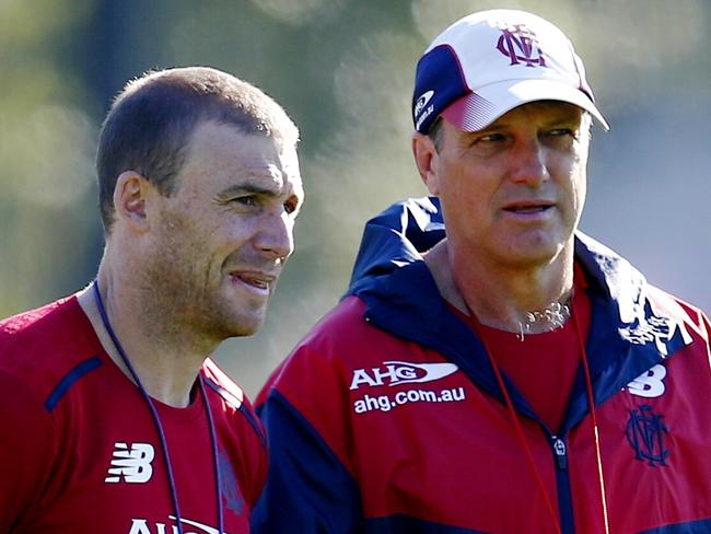 Melbourne training a Goschs Paddock. Coach Paul Roos and assistant Simon Goodwin . Pic: Michael Klein