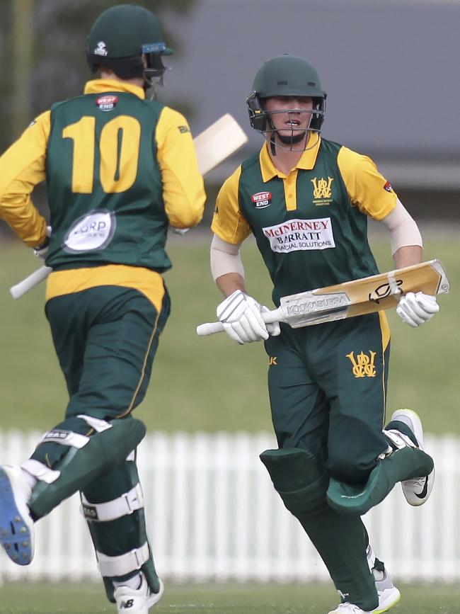 Woodville batsmen, Tom Andrews (#10) and Mitchell Fuss. Picture: AAP/Dean Martin