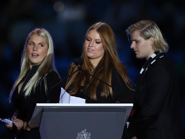 Shane Warne’s children (from left) Brooke, Summer and Jackson pay tribute to their dad. Picture: Mark Stewart