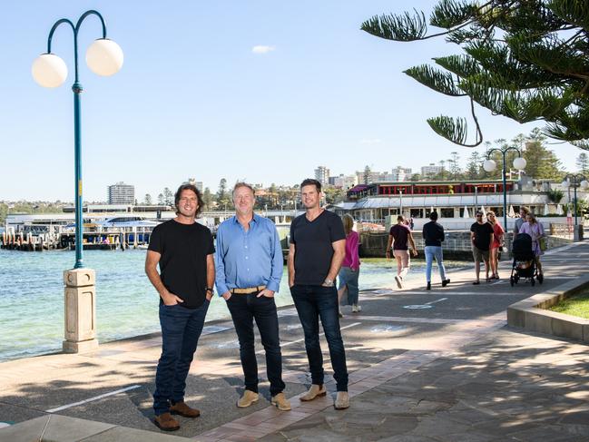 Founders of the Artemus Group, which has taken over Manly Wharf, Adam Flaskas (left) and Paul Henry (centre), with their CEO Luke Fraser, in Manly last Friday. Picture: Alice Boshell Photography