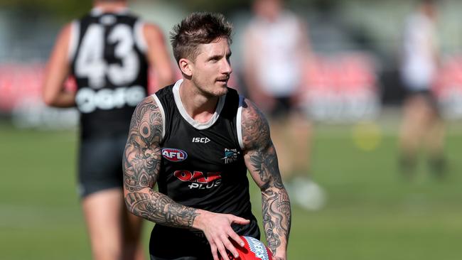 Hartlett at Alberton this week and fully focused on his AFL return against Fremantle on Saturday. Picture: AAP Image/James Elsby