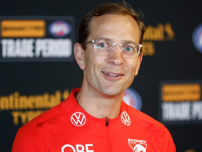 MELBOURNE, AUSTRALIA - OCTOBER 09: Charlie Gardiner, Executive General Manager - Football of the Swans speaks with media during the 2023 Continental Tyres AFL Trade Period at Marvel Stadium on October 09, 2023 in Melbourne, Australia. (Photo by Michael Willson/AFL Photos via Getty Images)