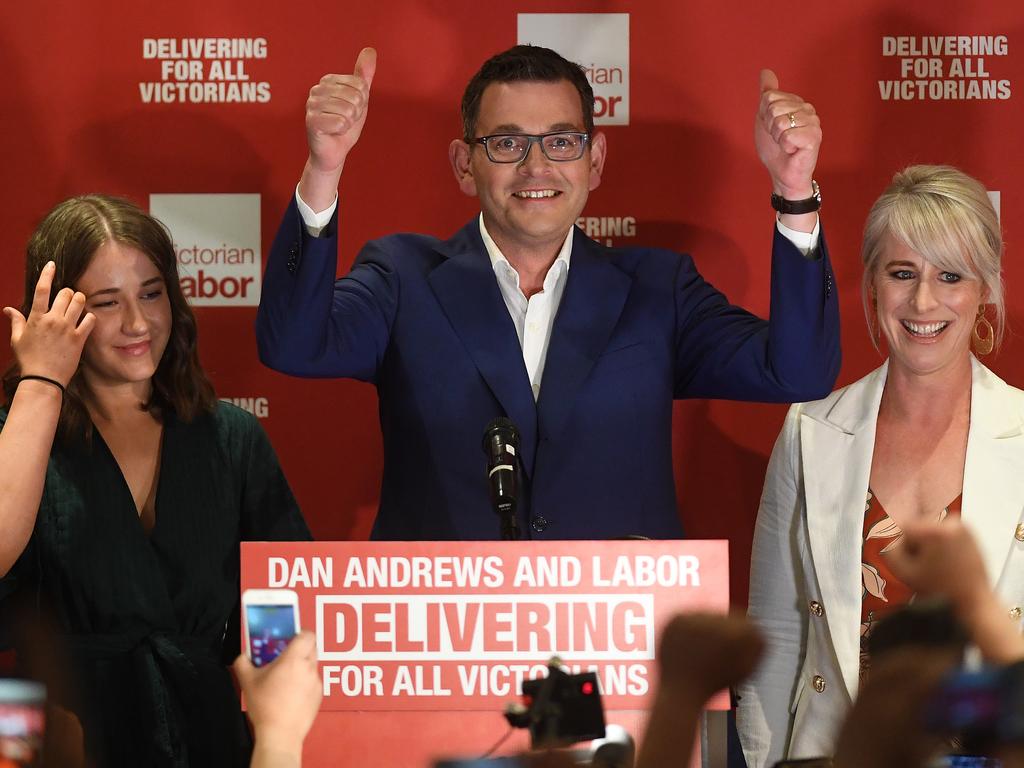 Daniel Andrews celebrates as he arrives during the Labor Party reception. Picture: Julian Smith/AAP