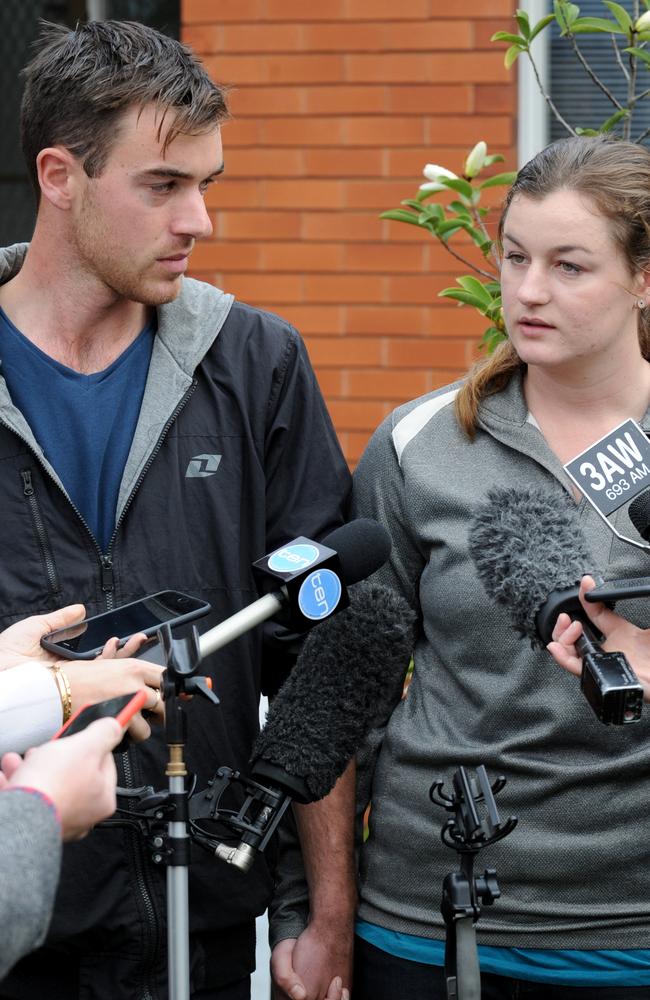 Close-knit: Siblings Ella and Mitchell Tromp address the media at Monbulk Police Station after the disappearance of their parents. Picture: Andrew Henshaw