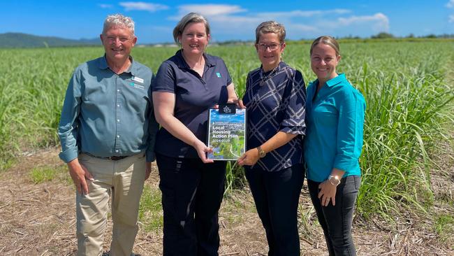 Councillor Jeff Baines, CCRC team member Alyce Haack, Mayor Teresa Millwood, Councillor Renee McLeod at land approved for the Eaton Estate development. Picture: Supplied