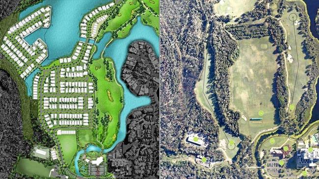 Maps show the Pelican Waters Golf Club as it is (right) and how it will be with a new 270-home residential development. Picture: Contributed