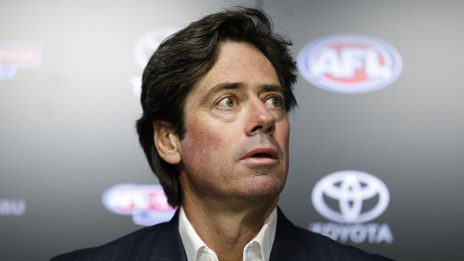 AFL CEO Gillon McLachlan announces the postponement of the 2020 season on Sunday. Picture: Darrian Traynor/Getty Images