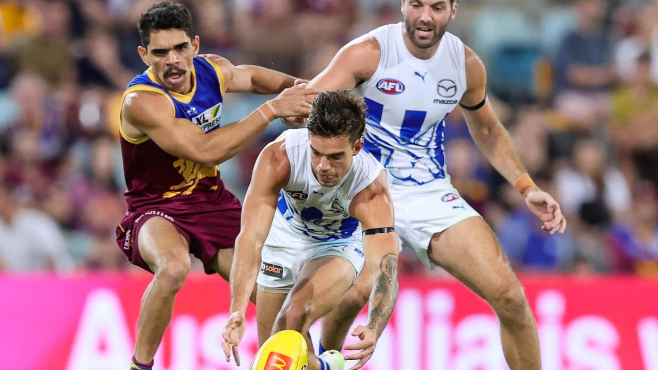 Jy Simpkin picks up the ball as the Kangaroos are belted to the tune of 108 points. Picture: AFL Photos via Getty Images