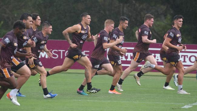 Broncos rookies go through the dreaded beep test at Red Hill. Picture: Annette Dew