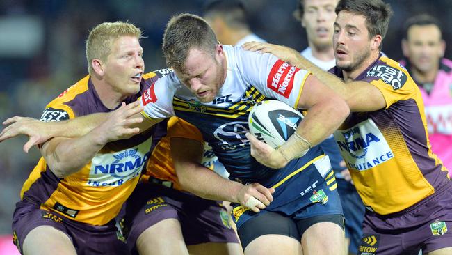 NRL NQ Cowboys versus Brisbane Bronco's at 1300 Smiles Stadium in Townsville, QLD. Cowboy's Gavin Cooper and Bronco's Ben Hannant, Ben Hunt . Picture: Wesley Monts