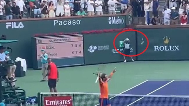 Nick Kyrgios almost takes out a ball kid after losing Indian Wells quarter-final to Rafael Nadal.