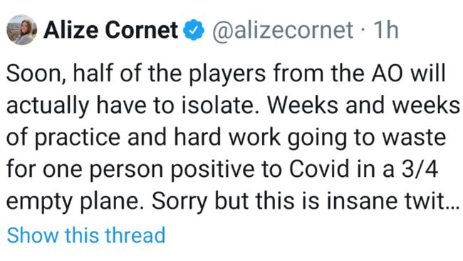 Alize Cornet's tweet, which she later deleted.