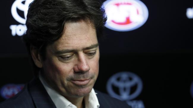 AFL CEO Gillon McLachlan speaks to the media at AFL House on Sunday. Picture: Getty Images