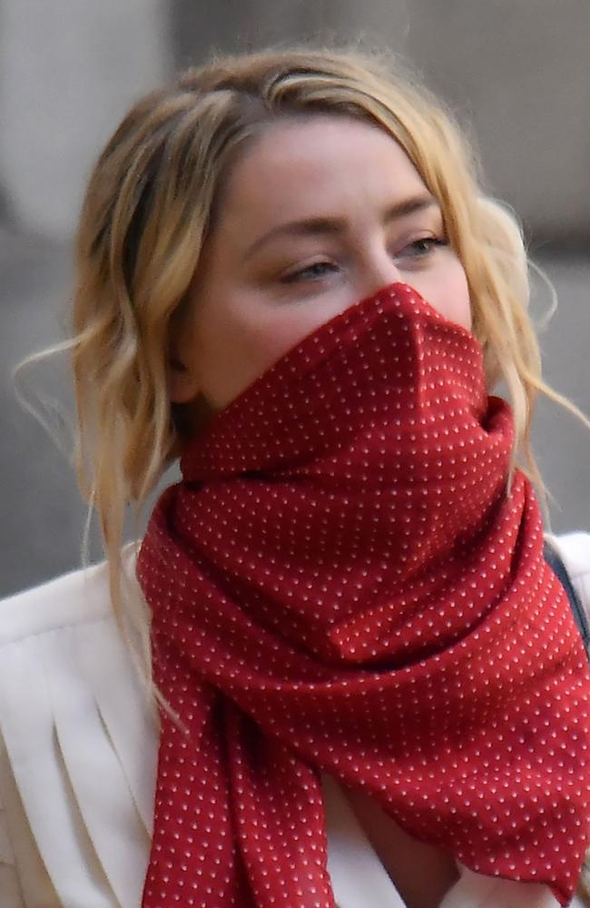 Amber Heard pictured outside London’s High Court on day ten of the trial. Picture: AFP