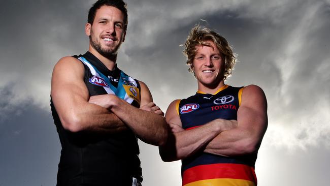 Fierce rivals Travis Boak and Rory Sloane will be teammates when Australia faces Ireland. Picture: Sarah Reed