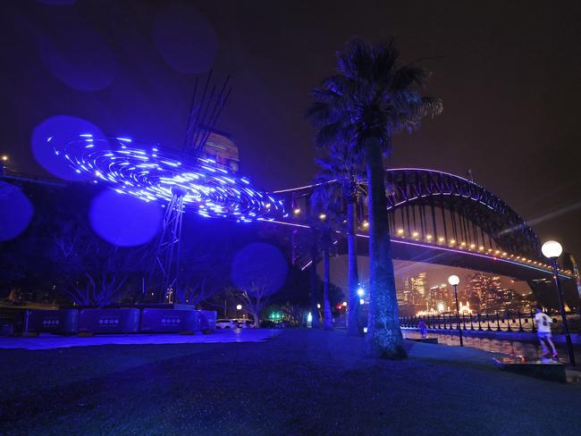 Pictured on Hickson Road at The Rocks in Sydney is a preview of one of the 2025 Vivid light sculptures which will feature around Circular Quay this year. Picture: Richard Dobson