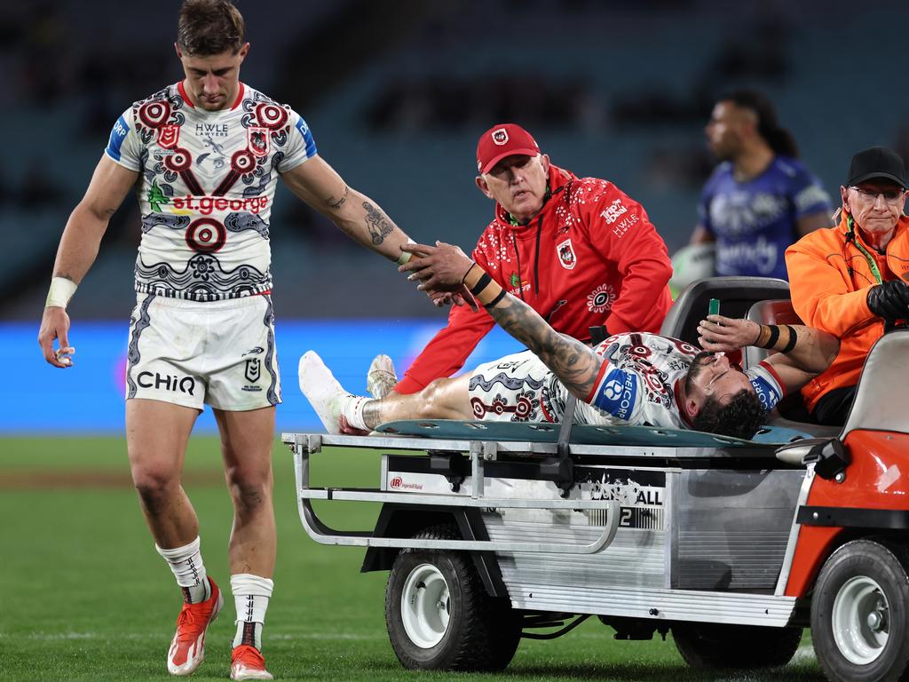 Jack Bird left the field in immense pain. Picture: Cameron Spencer/Getty Images