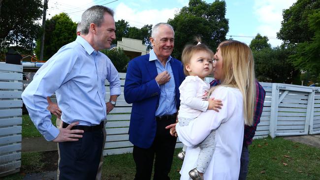 Prime Minister Malcolm Turnbull and local member for Banks David Coleman meet with local family Julian and Kim Mignacca and daughter Addison. Picture: Britta Campion/The Australian.