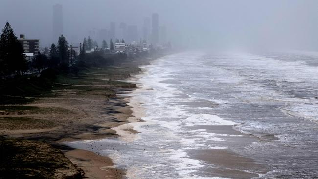 Erosion along Miami Beach on the Gold Coast caused by days of Tropical Cyclone Alfred hovering off the coast. Picture: AFP