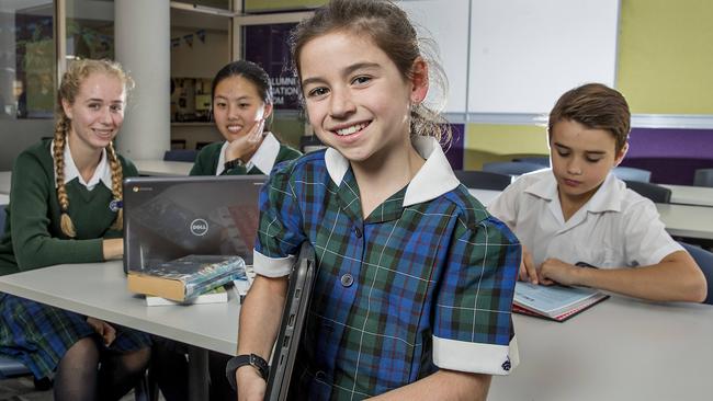 Somerset College took out the top spots for both primary and high school NAPLAN results on the Gold Coast. Somerset students, Lillian Swainson, Chloe Ming, Ruby Mackintosh (front), Jamison Webber. For story on NAPLAN results. Picture: Jerad Williams