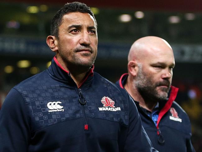 WELLINGTON, NEW ZEALAND - APRIL 07:  Coach Daryl Gibson and Assistant coach Cam Blades of the Waratahs look on during the round seven Super Rugby match between the Hurricanes and the Waratahs at Westpac Stadium on April 7, 2017 in Wellington, New Zealand.  (Photo by Hagen Hopkins/Getty Images)