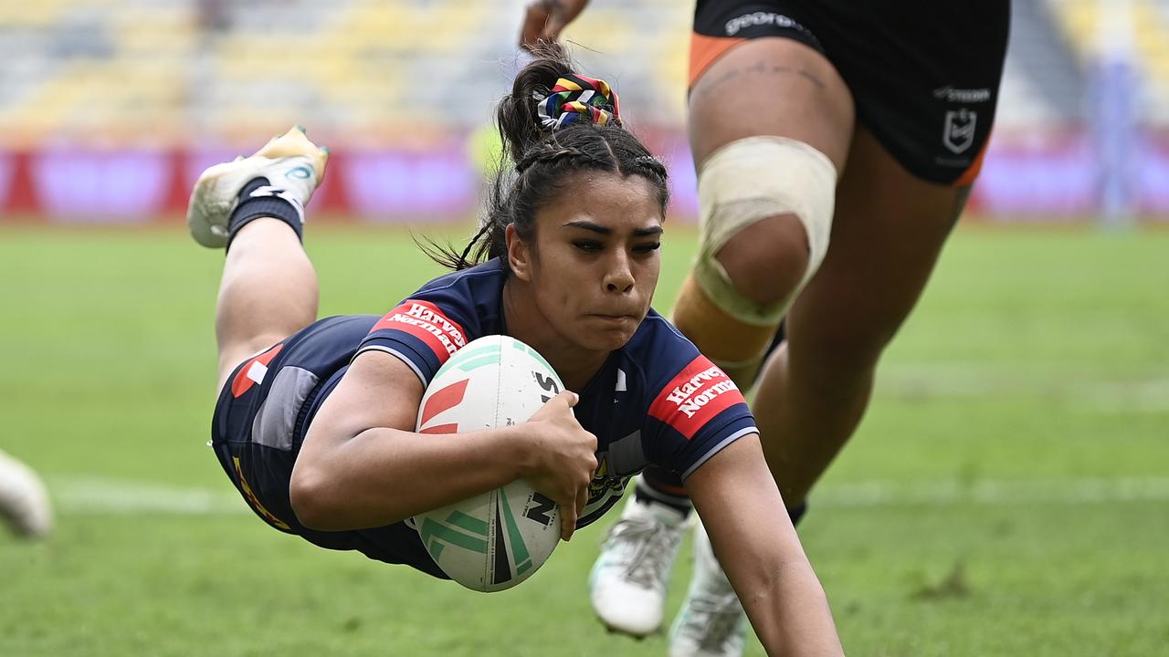 Jasmine Peters of the Cowboys scores a try during the round seven NRLW match between North Queensland Cowboys and Wests Tigers at Queensland Country Bank Stadium on September 07, 2024 in Townsville, Australia. (Photo by Ian Hitchcock/Getty Images)