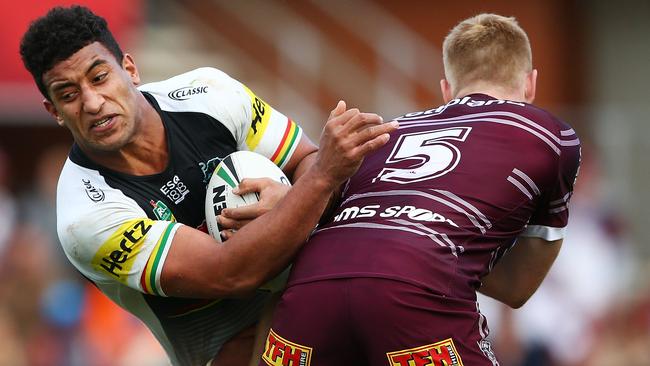 SYDNEY, AUSTRALIA - JULY 28:  Viliame Kikau of the Panthers is tackled during the round 20 NRL match between the Manly Sea Eagles and the Penrith Panthers at Lottoland on July 28, 2018 in Sydney, Australia.  (Photo by Matt Blyth/Getty Images)