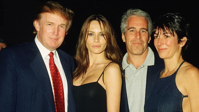 Donald Trump and then girlfriend Melania Knauss (now Trump), with Jeffrey Epstein and Ghislaine Maxwell at the Mar-a-Lago club in 2000. Picture: Getty Images.